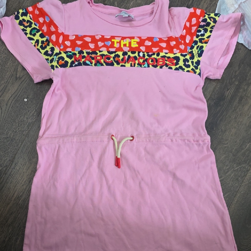 Marc Jacobs Pink Short Sleeve Tee Dress with Neon Leopard Trim